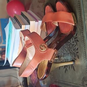 Michael Kors summer sandal heels. Size 9. Camel leather with brass accents.